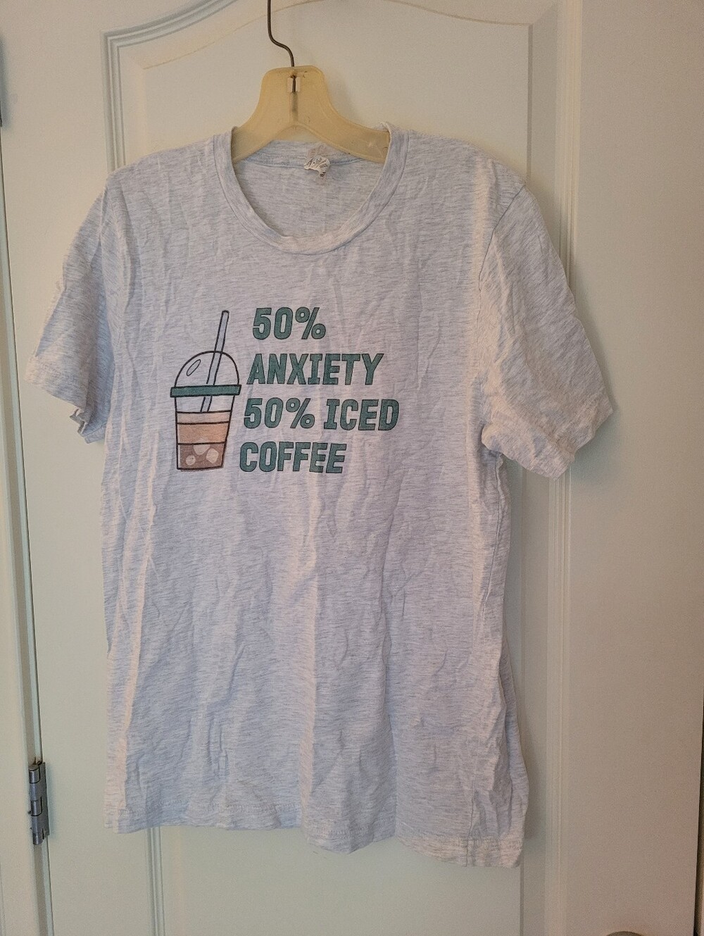 Bella Canvas Light Heather Gray Crew Neck Tee With 50% Anxiety 50% Iced Coffee
